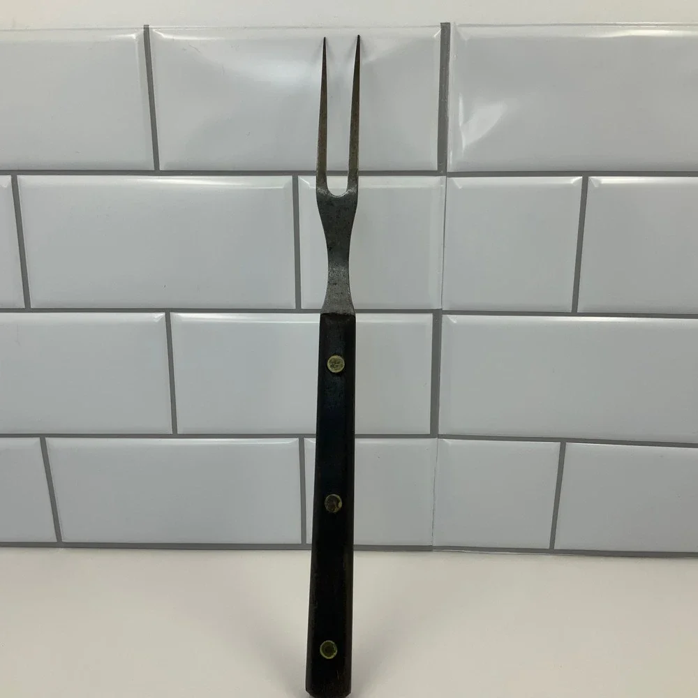 Vintage Unbranded Two Tine Carving Fork Wood Carbon Steel Brown 10.75in